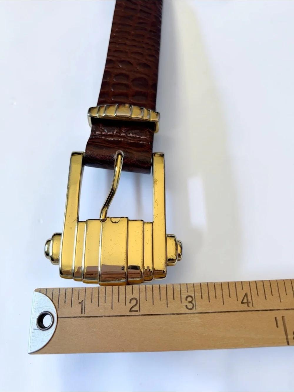 The Ritz Collection Croc-Embossed Leather Brown Belt Art Deco Gold Buckle XS